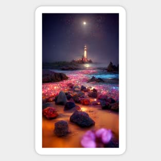 Mystical lighthouse in a glow beach pointing at Polaris Sticker